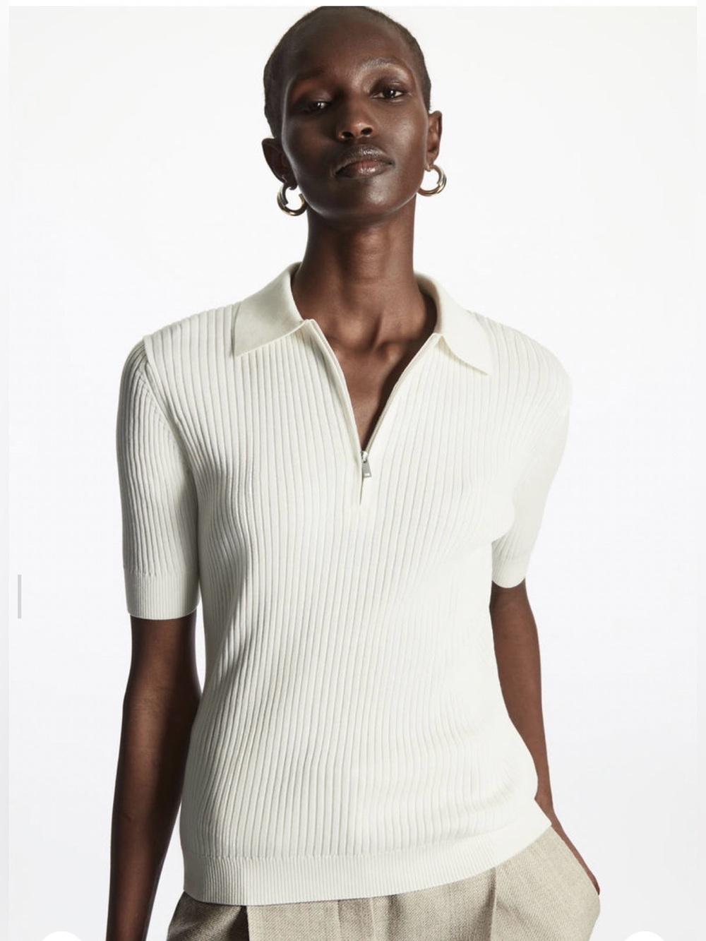 COS Cream Short-Sleeve Ribbed Zip Polo Sweater